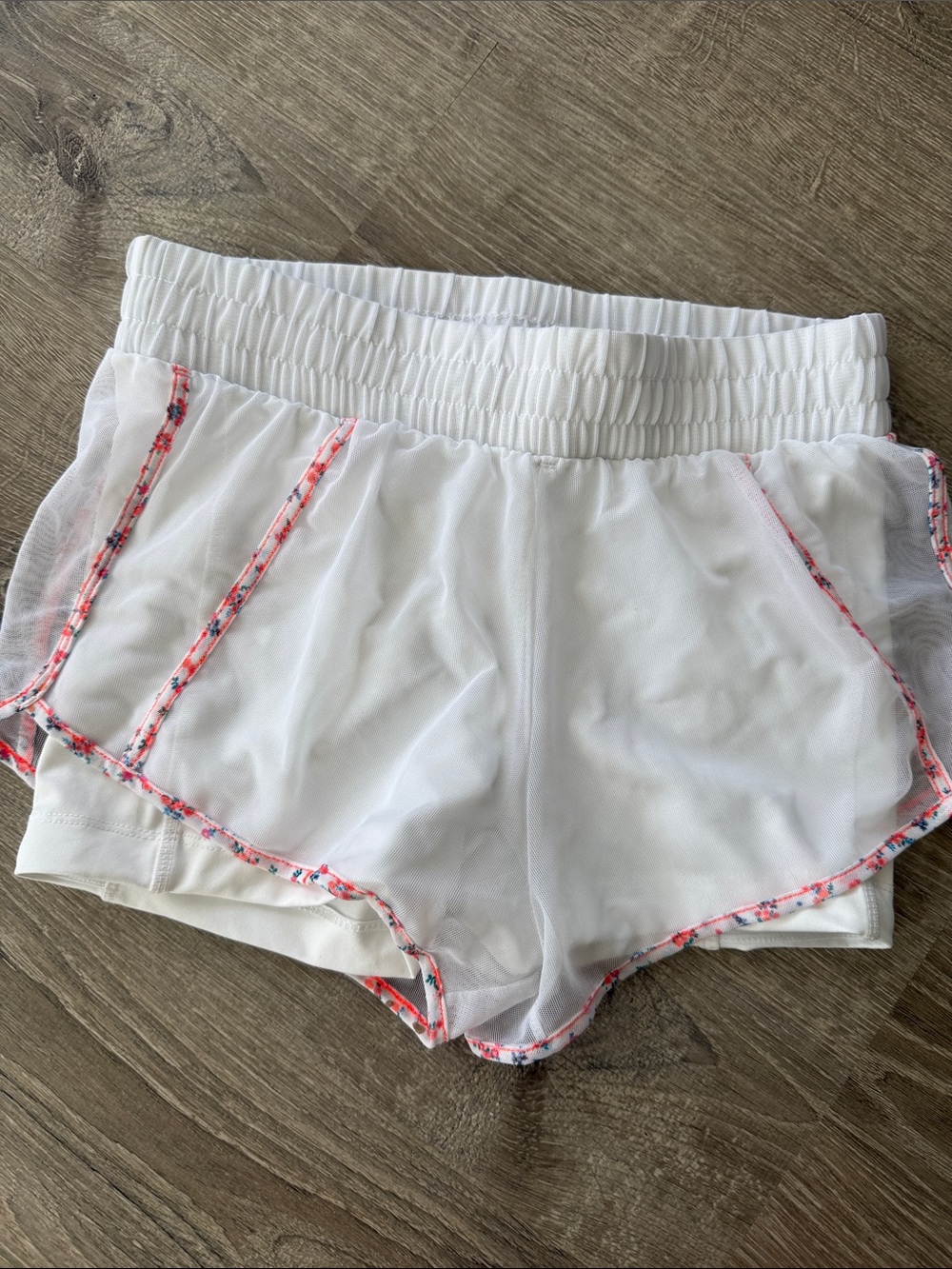 Lucky in Love White Athletic Shorts with Coral-Trim